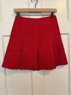 Red Tweed Pleated Mini Skirt